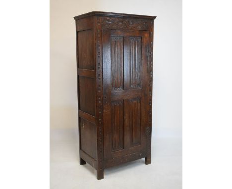 Antique oak hall cupboard having linen fold carved panel door, 80cm wide x 50cm deep x 179cm high  