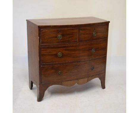 19th Century mahogany bowfront chest of two short over two long drawers having brass ring handles on splayed bracket feet, 91