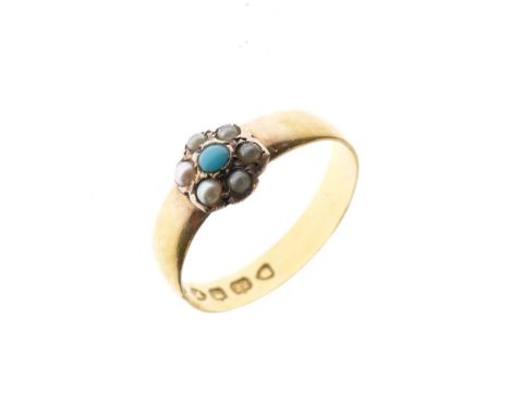 Victorian 22ct gold ring set turquoise and split seed pearl flowerhead, London 1885, size M, 2.2g gross approx  