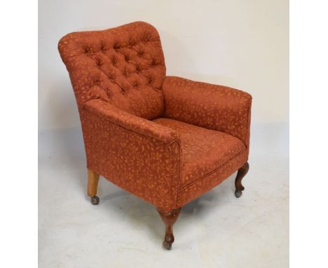 Early 20th Century beech framed armchair having button back upholstery, on cabriole front supports  