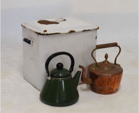 Two enamel and one copper kettle and an enamel bread bin  