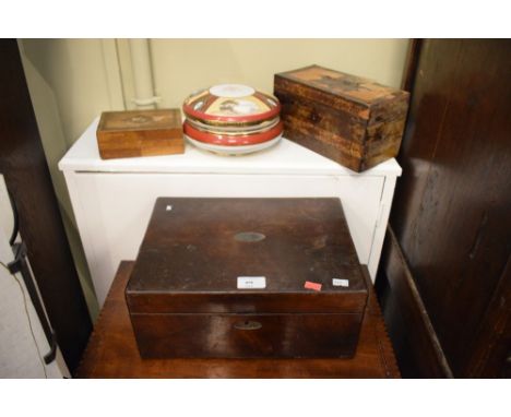 19th Century rosewood box with hinged cover, a Tunbridge Ware tea caddy and one other box, together with a Noritake circular 