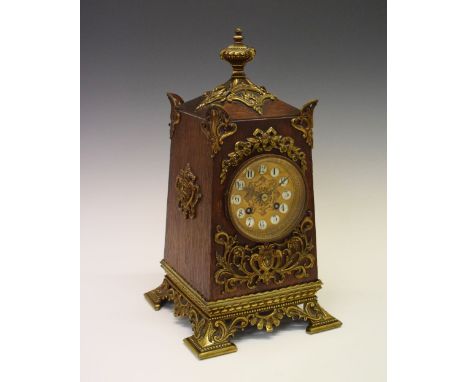 Japy Freres &amp; Cie, Paris - Late 19th Century brass-mounted oak mantel clock, the 3.25-inch cellular Arabic dial with rais