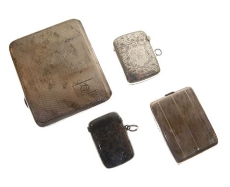 George V silver cigarette case with engine turned decoration, Birmingham 1932, together with two vesta cases and a match case