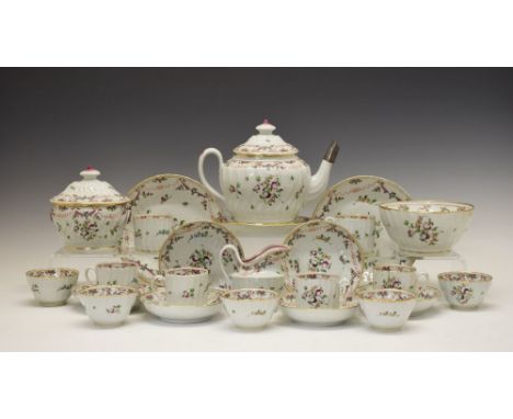 Late 18th/early 19th Century New Hall porcelain tea service, pattern No.195, comprising, spirally-fluted oval teapot with sta