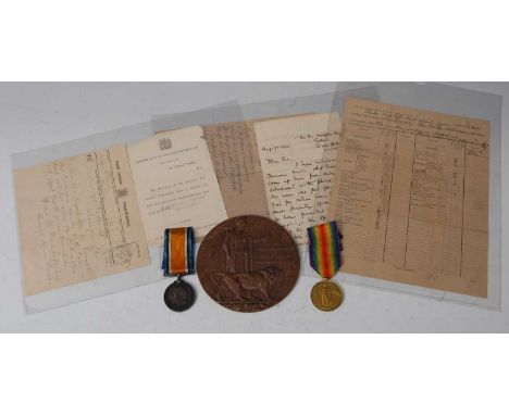 A WW I Casualty group to include bronze memorial plaque naming Charles Ambler, British War and Victory, 57740 PTE. C. AMBLER.
