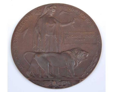 A WW I bronze memorial plaque, naming Thomas Henry Ismay.Probably L/11934 Shoeing Smith Thomas Henry Ismay who was killed in 