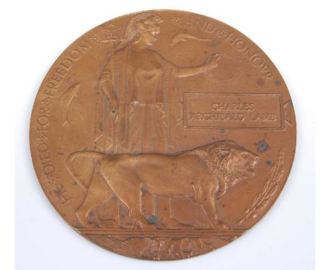 A WW I bronze memorial plaque, naming Charles Archibald Lamb.