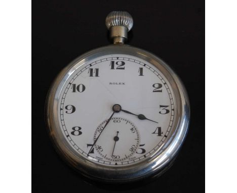 A British military issue Rolex nickel cased open face pocket watch, having a white enamel dial with Arabic numerals and subsi