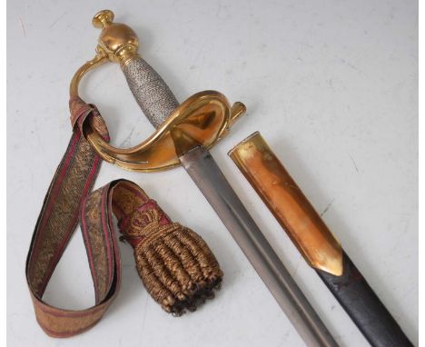 A 19th century Lifeguard's Officer's dress sword, having an 80cm blade with brass hilt and wirebound grip, housed in a brass 