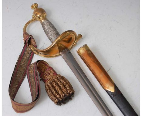 A 19th century Lifeguard's Officer's dress sword, having an 80cm blade with brass hilt and wirebound grip, housed in a brass 