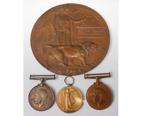 A Great War Casualty group to include bronze memorial plaque, naming Harold George Carrington, British War medal, Victory med