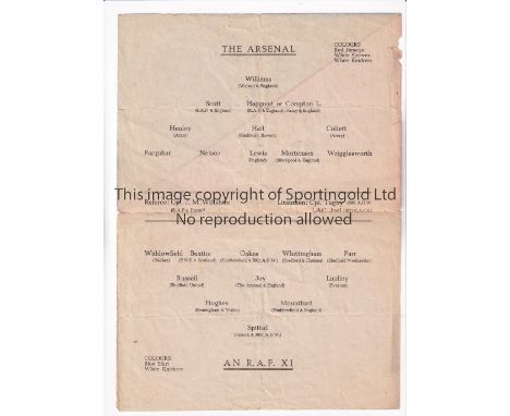 ARSENAL V AN R.A.F. XI 1945 POSTPONED       Programme for the match scheduled for 11/8/1945 in Herne, Germany, folded and sli