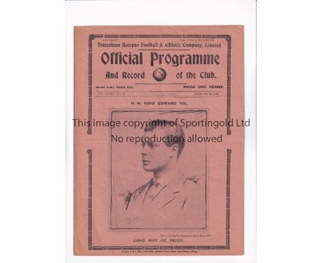 TOTTENHAM HOTSPUR        Programme for the home FA Cup tie v Huddersfield Town 25/1/1936, slightly creased.       Generally g