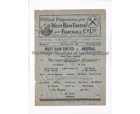 ARSENAL      Single sheet programme for the away FL South match v West Ham United 11/9/1943, slightly creased, team changes a