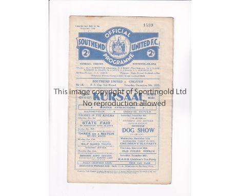 SOUTHEND UNITED V CHESTER 1933 FA CUP      Programme for the tie at Southend 9/12/1933, slightly creased and staple removed. 