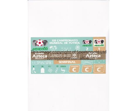 1986 WORLD CUP      Unused ticket for Semi-Final, Argentina v Belgium 25/6/1986 at the Aztec Stadium.   Very good