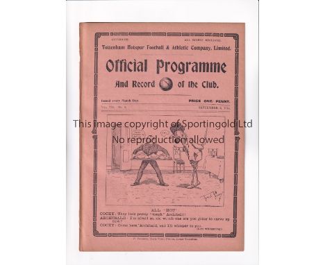 TOTTENHAM HOTSPUR V CHELSEA 1914       Programme for the League match at Tottenham 5/9/1914, ex-binder.       Generally good