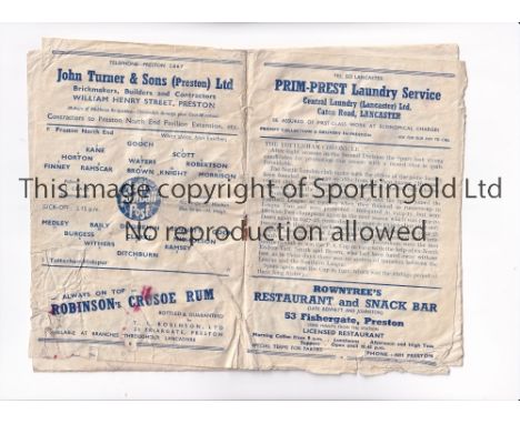 TOTTENHAM HOTSPUR     Programme for the away League match v Preston North End 3/12/1949, slightly creased and slight tears, s