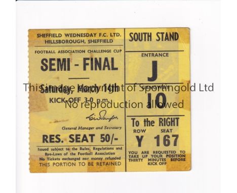 MANCHESTER UNITED       Ticket for the FA Cup Semi-Final v Leeds United 14/3/1970 at Hillsborough. Tape marks.    Fair to gen