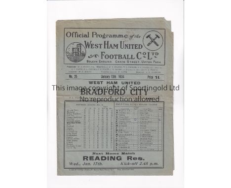 WEST HAM UNITED V BRADFORD CITY 1934 F.A. CUP     Programme for the tie at West Ham 13/1/1934, horizontal fold and minor wear