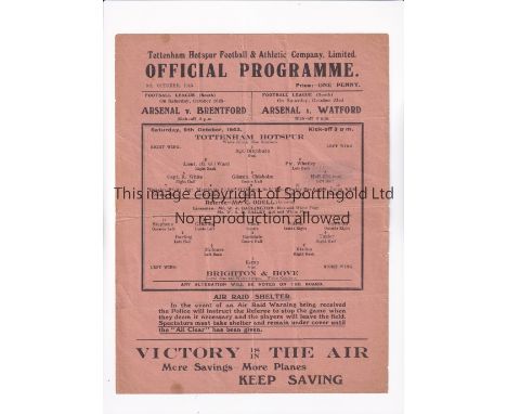 TOTTENHAM HOTSPUR       Single sheet programme for the home FL South match 9/10/1943, creased and very slightly worn.        