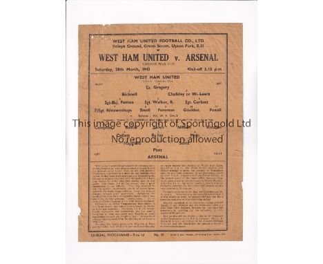 ARSENAL      Single sheet programme for the away London War Cup tie v West Ham United 28/3/1942, slightly creased.     Genera
