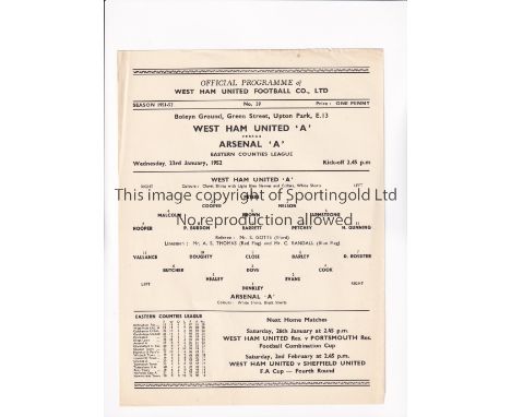 ARSENAL      Single sheet programme for the Eastern Counties League match v West Ham United 23/1/1952.    Good