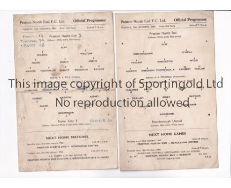 PRESTON NORTH END      Two single card home programmes v Stoke City 12/1/1960 FA Cup, horizontal fold, team changes and score