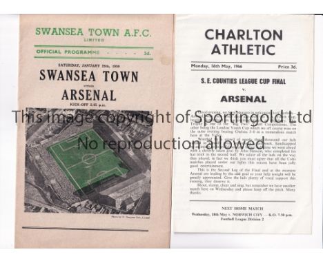 ARSENAL      Two away programmes v Swansea Town 25/1/1958 Friendly, very slight vertical crease and Charlton Athletic 16/5/19