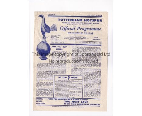 TOTTENHAM HOTSPUR     Programme for the home Combination Cup tie v Brighton 7/3/1953. Programme No. 41, slightly creased.    