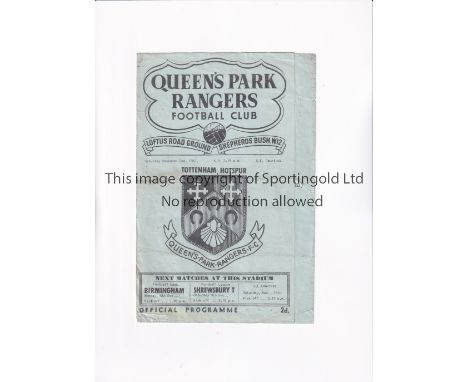 TOTTENHAM HOTSPUR     Programme for the away S.E. Counties League match v QPR 2/12/1961, horizontal fold.     Fair to general