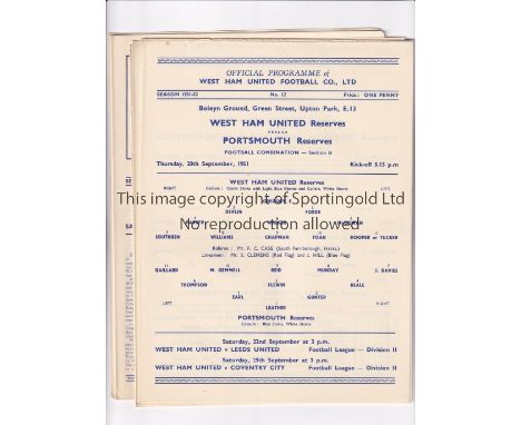 WEST HAM UNITED     Fifteen home programme for Football Combination matches in season 1951/2 including 3 single sheets v Port