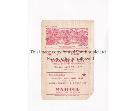 BOURNEMOUTH V SWANSEA TOWN 1947         Single sheet programme for the Reserve Team Football Combination Cup tie at Bournemou