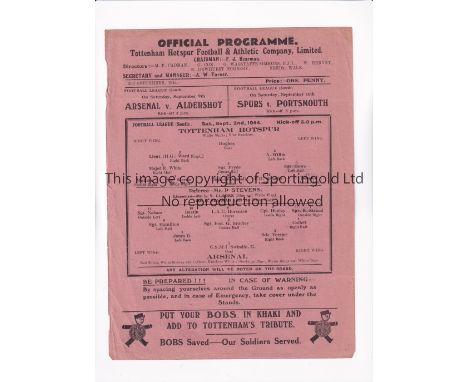TOTTENHAM HOTSPUR V ARSENAL 1944       Single sheet programme for the FL South match at Tottenham 2/9/1944, slightly creased.