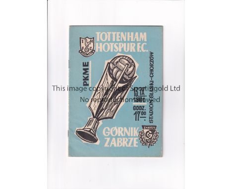 TOTTENHAM HOTSPUR / EUROPEAN CUP 1961   Programme for away tie v Gornik Zabrze 13/9/1961, slight ink marks on the back cover.