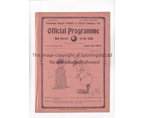TOTTENHAM HOTSPUR      Programme for the home League match v Liverpool 8/3/1913, ex-binder.       Generally good