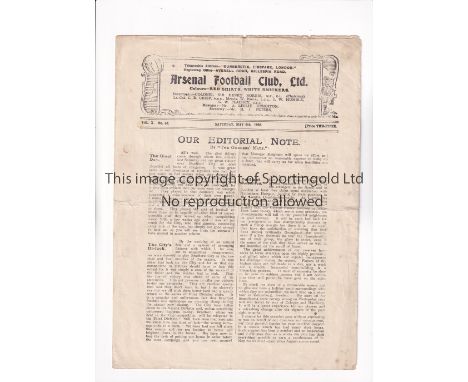 ARSENAL     Programme for the home League match v Bradford City 6/5/1922, folded in four.   Generally good