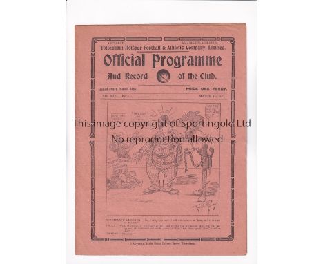 TOTTENHAM HOTSPUR        Programme for the home League match v Huddersfield Town 18/3/1922, very slightly creased.     Genera