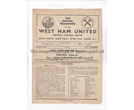 ARSENAL    Programme for the away Football Combination match v West Ham United 20/12/1952, slightly creased and team changes.