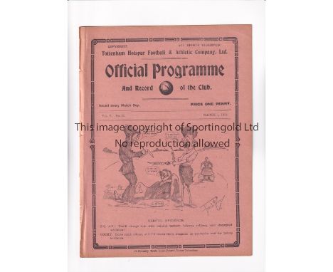 TOTTENHAM HOTSPUR      Programme for the home South Eastern League match v Croydon Common 1/3/1913, ex-binder.       Generall