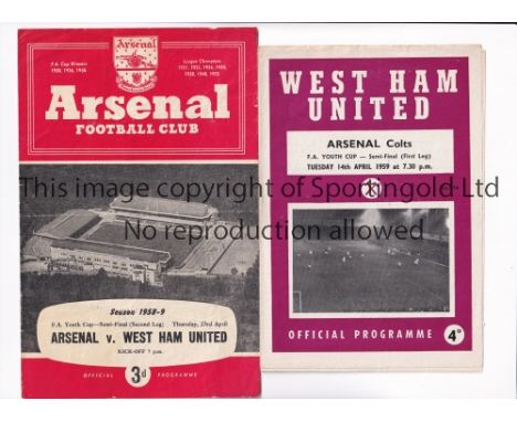 1959 FA YOUTH CUP SEMI-FINAL / ARSENAL V WEST HAM UNITED        Programmes for both legs: at Arsenal 23/4/1959, heavily creas