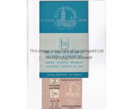 OLYMPICS 1948        Programme and ticket for the Closing Ceremony at Wembley 14/8/1948. Pencil annotations.      Generally g