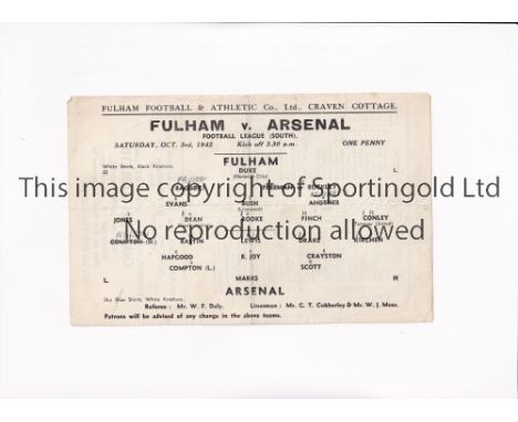ARSENAL     Single sheet programme for the away F.L. South match v Fulham 3/10/1942, slightly creased and team changes.      
