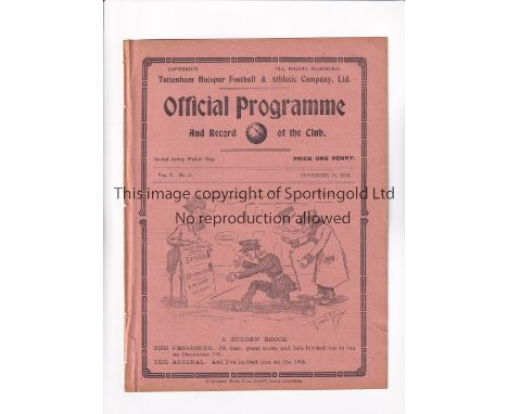TOTTENHAM HOTSPUR      Programme for the home South Eastern League match v Brentford 30/11/1912, ex-binder.       Generally g