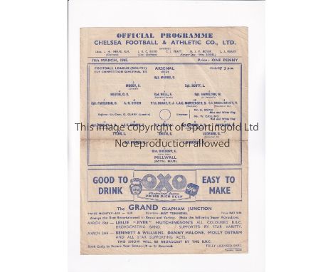 1945 FL SOUTH WAR CUP SEMI-FINAL AT CHELSEA F.C.      Single sheet programme for Arsenal v Millwall at Stamford Bridge 17/3/1