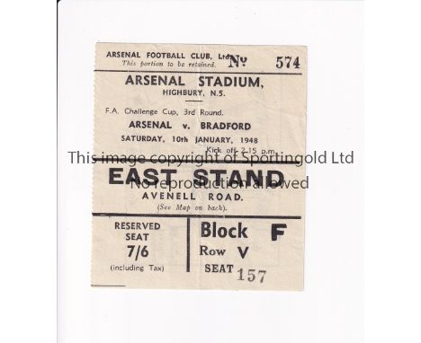 ARSENAL       Ticket for the home FA Cup tie v Bradford Park Avenue 10/1/1948, East Stand, very slightly creased.     General