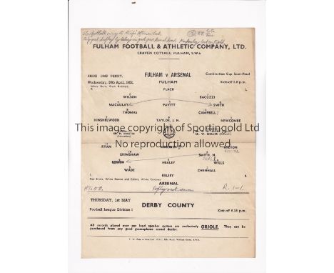 ARSENAL Programme for the away Football Combination Cup Semi-Final Replay v Fulham 30/4/1952, slightly creased Generally good