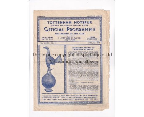 TOTTENHAM HOTSPUR        Programme for the home League match v Nottingham Forest 4/4/1947, slightly creased and slightly worn