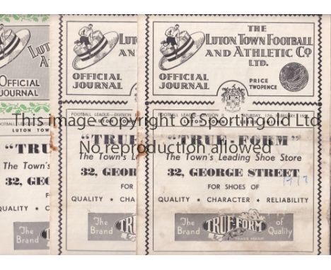 LUTON TOWN      Six home programmes v Leeds United number written on the cover, folded and staple rusted away and Notts. Coun